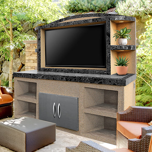 Stone outdoor entertainment cabinet with a screen, storage and patio seating